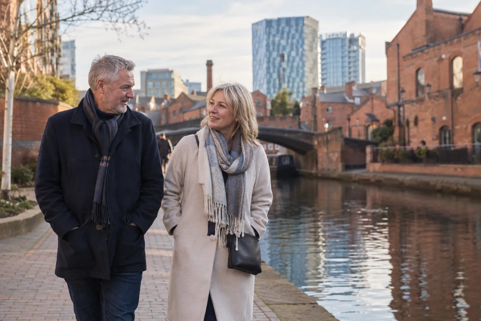 A couple over 50 walking beside a canal in central Birmingham