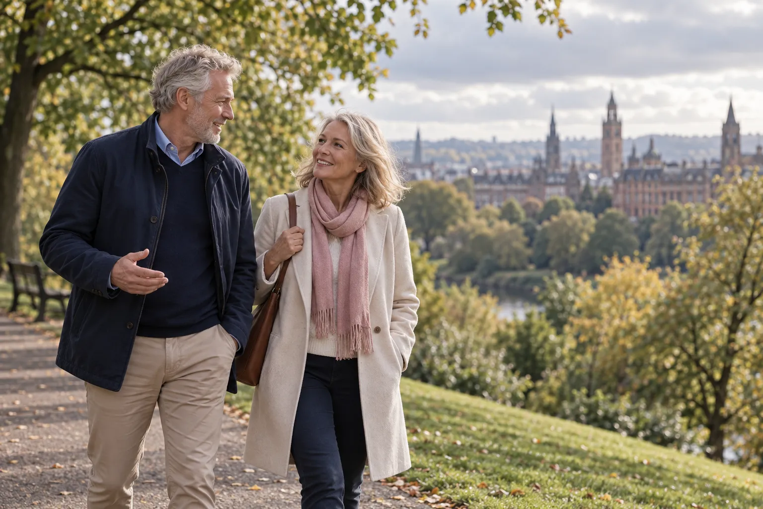 A couple over 50 talking on a leafy park walk in Glasgow