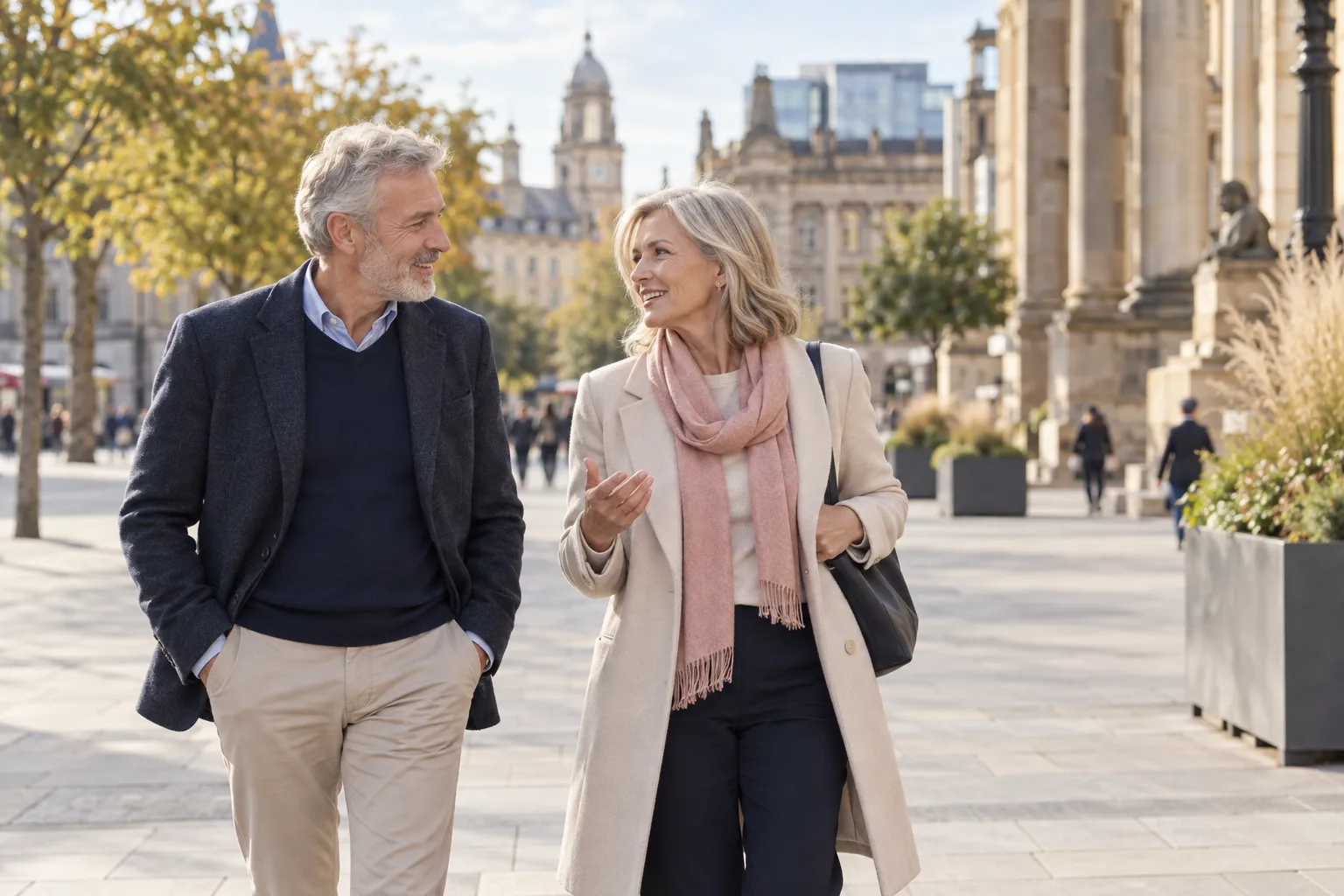 A couple over 50 talking while walking through a Leeds city square