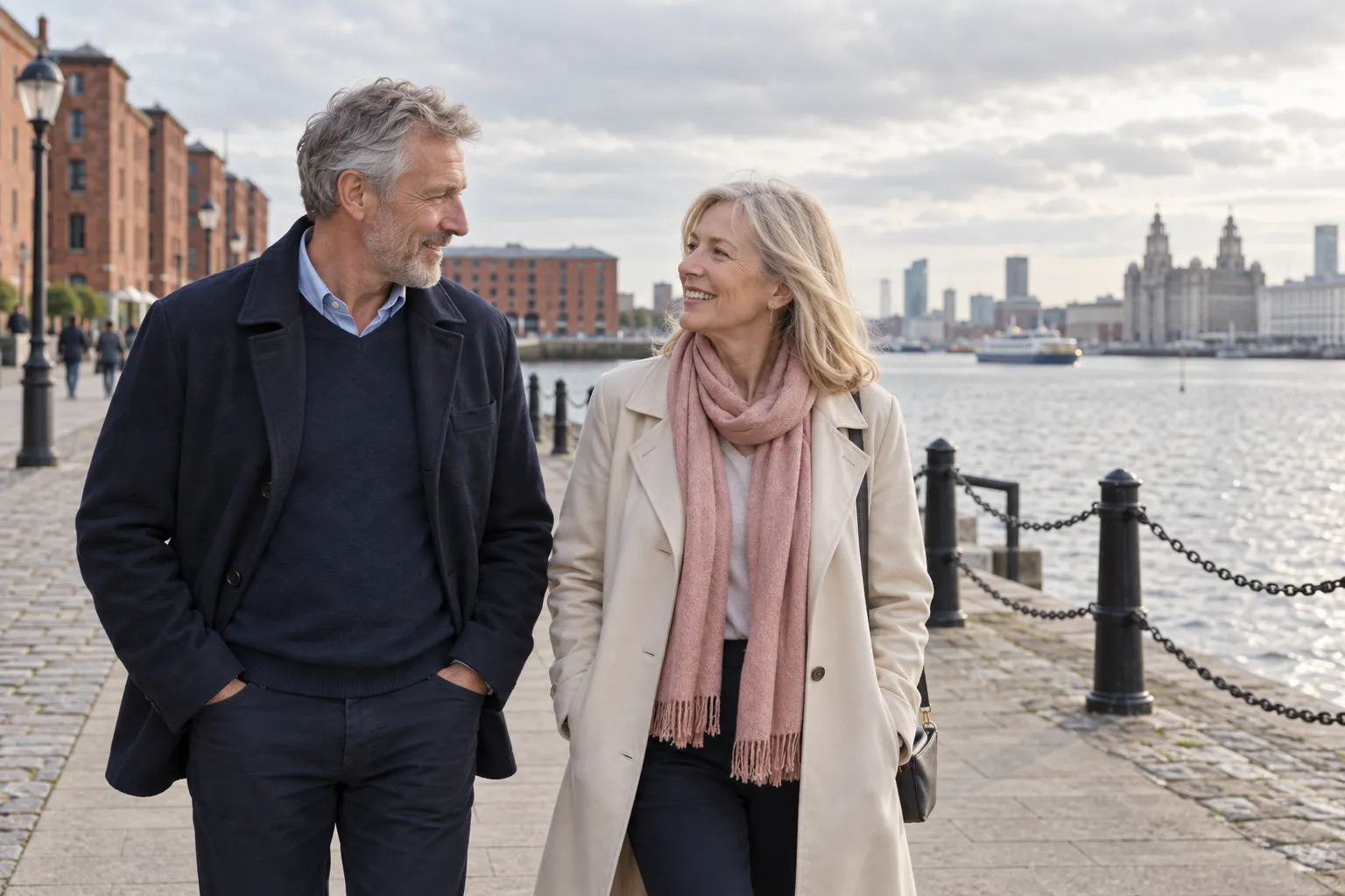 A couple over 50 talking on a public waterfront walk in Liverpool