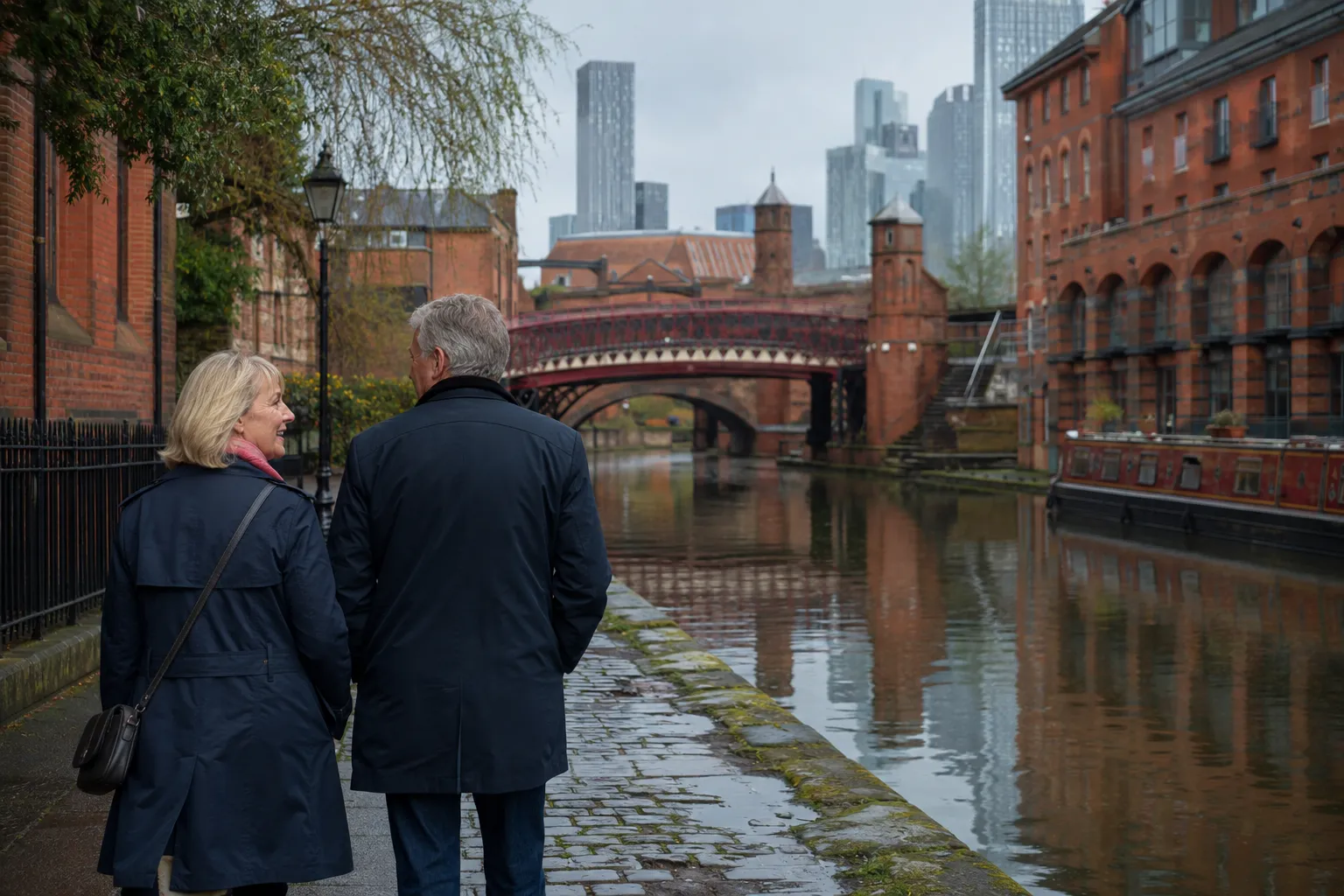 A couple over 50 walking beside the canal in Castlefield, Manchester