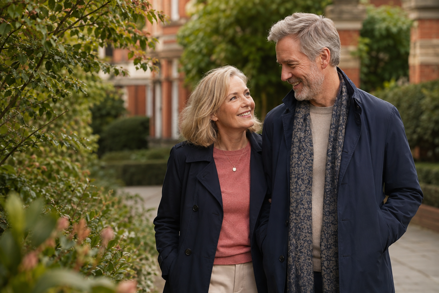 A couple in their late fifties enjoying a walk together in a leafy city garden
